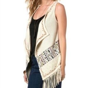 Miss Me Cream Multi-texture Open Front Vest SMALL Boho Western Fringe Festival